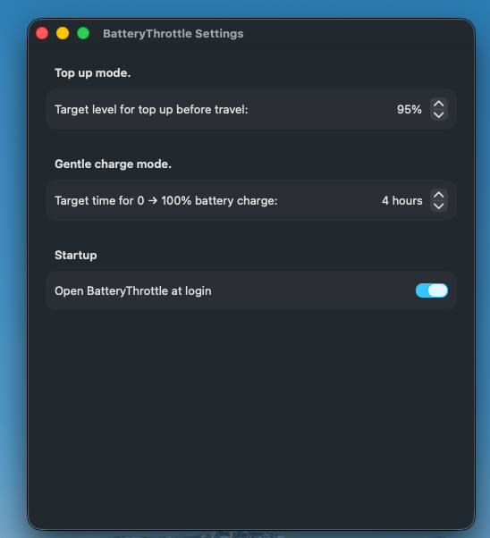 BatteryThrottle settings view screenshot
