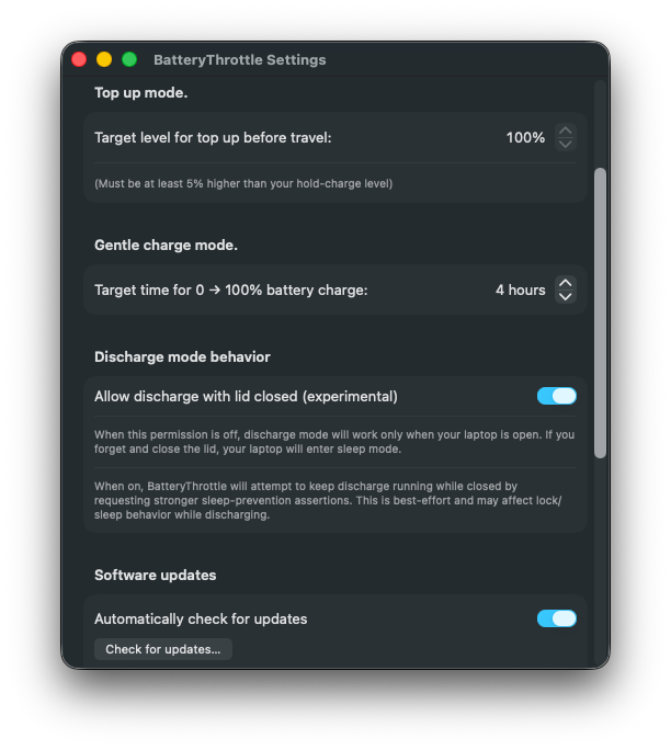 BatteryThrottle settings view screenshot